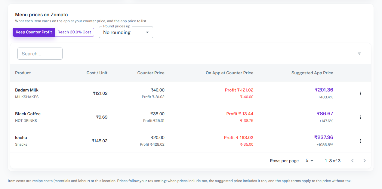 Menu Prices on the App